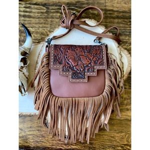 Western Leather Crossbody Fringe Tooled purse bag